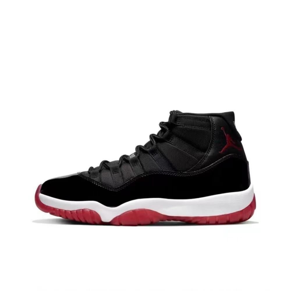 Jordan 11 bred Mesh and Patent Leather Playoff-Style Retro Basketball Shoes – Comfortable, Durable, High-Top – Unisex (Black, Red, White)