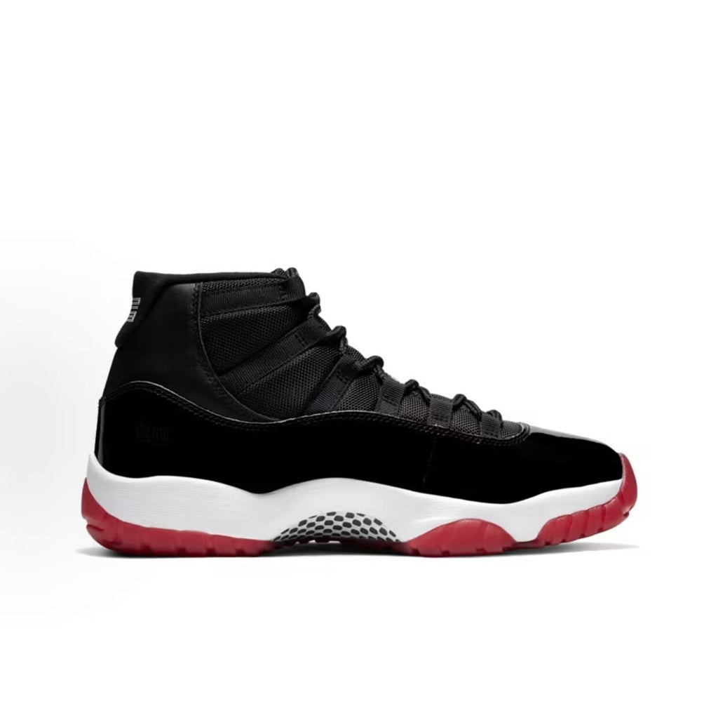 Jordan 11 bred Mesh and Patent Leather Playoff-Style Retro Basketball Shoes – Comfortable, Durable, High-Top – Unisex (Black, Red, White)